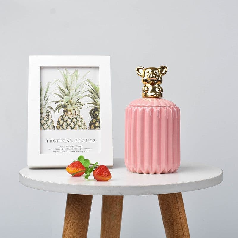 image-FULIN Ceramic Storage Jar with Lid 300mL Lovers Rabbit Pink