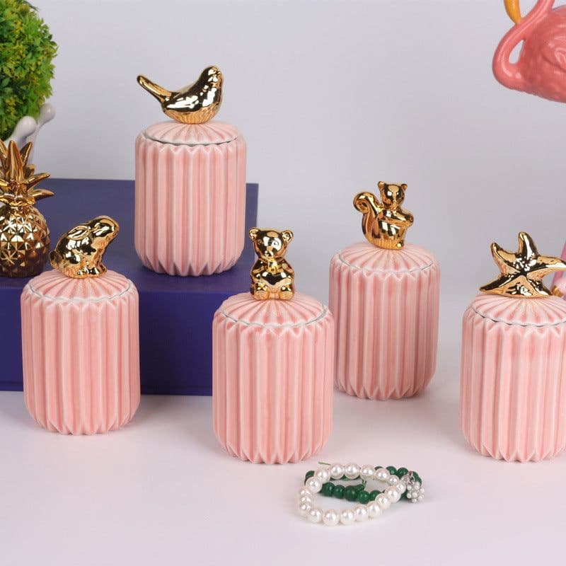 image-FULIN Ceramic Storage Jar with Lid 300mL Lovers Rabbit Pink