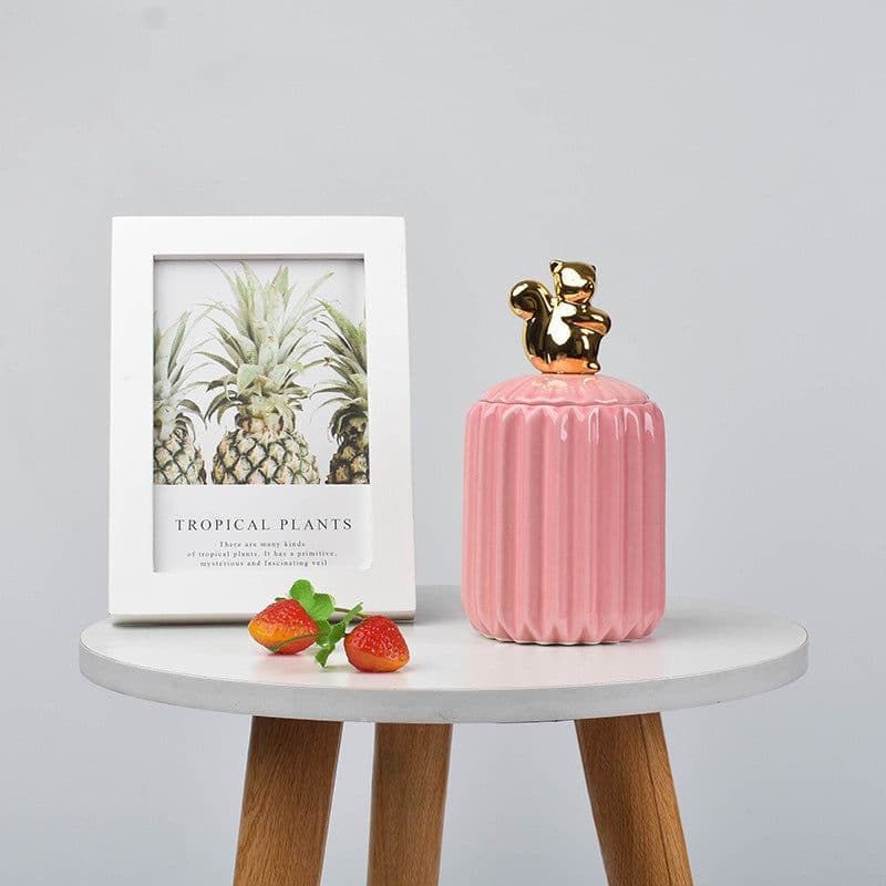 image-FULIN Ceramic Storage Jar with Lid 300mL Lovers Rabbit Pink