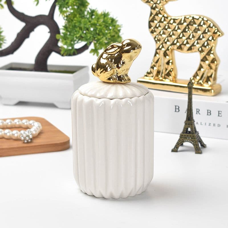 image-FULIN Ceramic Storage Jar with Lid 300mL Lovers Rabbit Pink