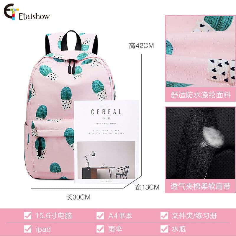 image-Cactus Print Backpack 20L Casual School Bag for Women Pink