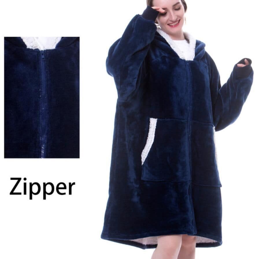 image-Hooded Zipper Flannel Wearable Blanket for Adults