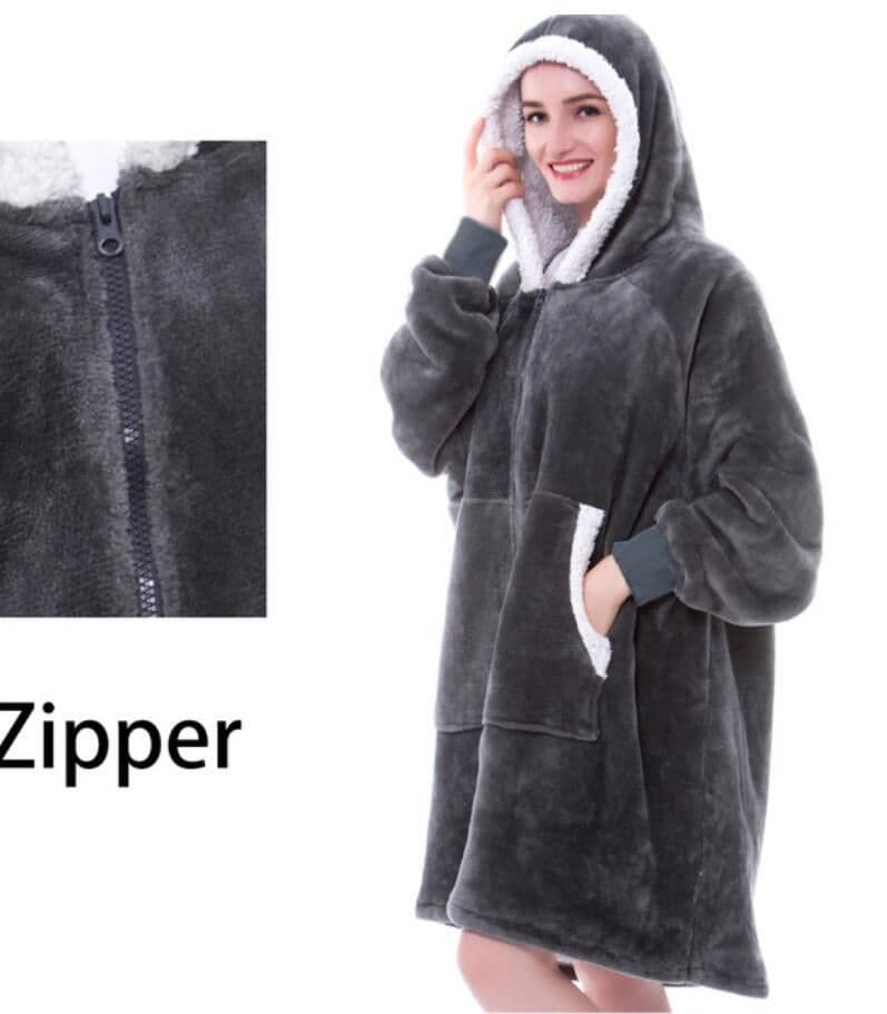 image-Hooded Zipper Flannel Wearable Blanket for Adults