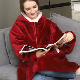image-Hooded Zipper Flannel Wearable Blanket for Adults