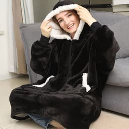 image-Hooded Zipper Flannel Wearable Blanket for Adults