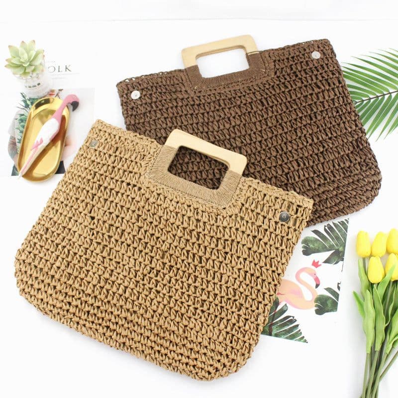 image-Woven Straw Beach Bag with Zipper Closure for Women