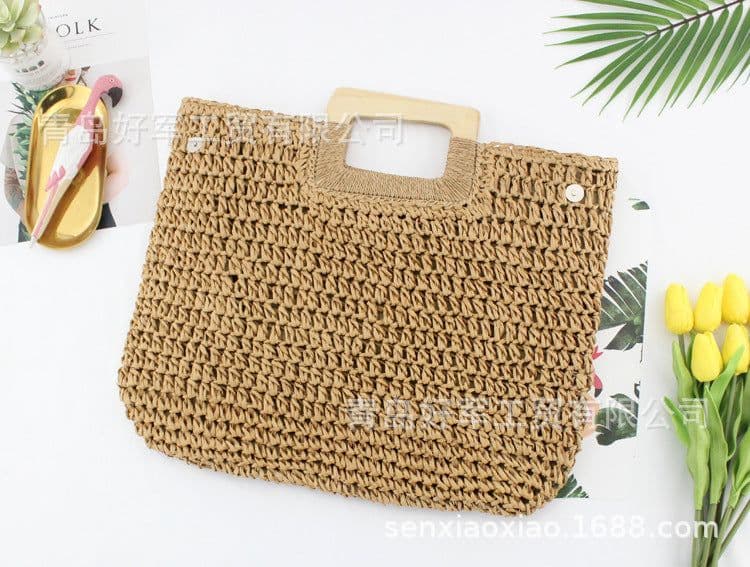 image-Woven Straw Beach Bag with Zipper Closure for Women