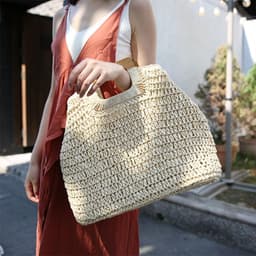 image-Woven Straw Beach Bag with Zipper Closure for Women