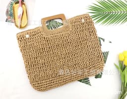 image-Woven Straw Beach Bag with Zipper Closure for Women
