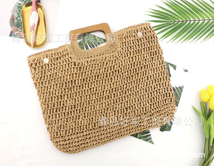 image-Woven Straw Beach Bag with Zipper Closure for Women