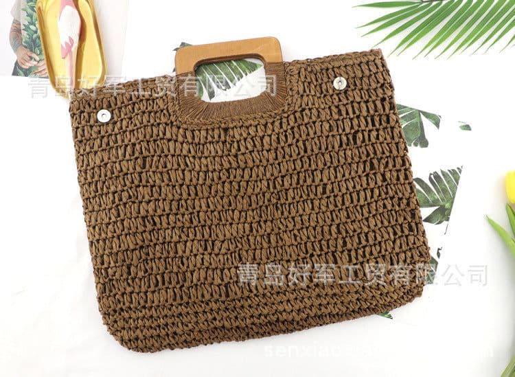 image-Woven Straw Beach Bag with Zipper Closure for Women