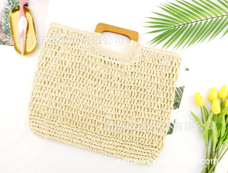 image-Woven Straw Beach Bag with Zipper Closure for Women