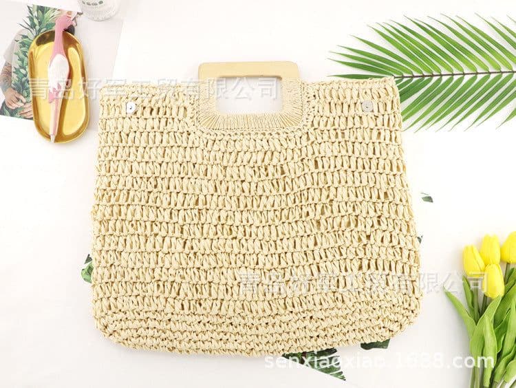 image-Woven Straw Beach Bag with Zipper Closure for Women