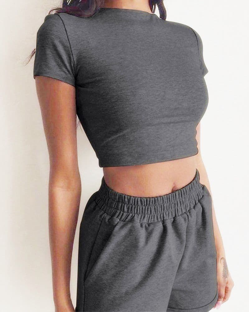 image-Women's Cotton Casual Two Piece Set Solid Color Short Sleeve