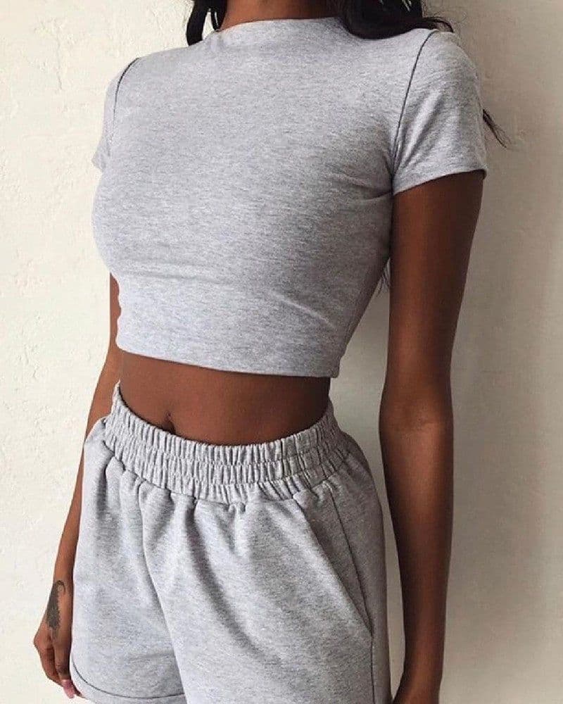image-Women's Cotton Casual Two Piece Set Solid Color Short Sleeve