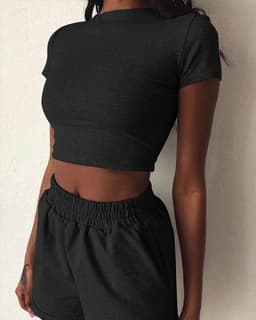 image-Women's Cotton Casual Two Piece Set Solid Color Short Sleeve
