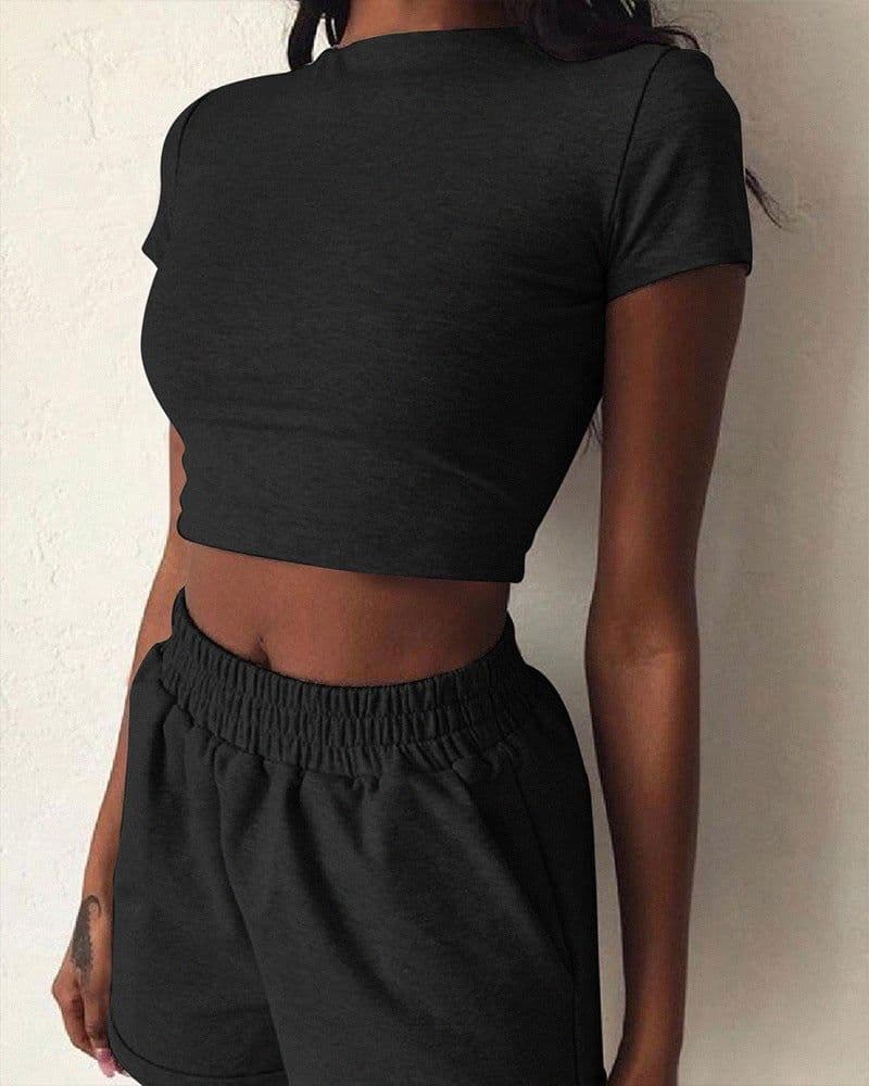 image-Women's Cotton Casual Two Piece Set Solid Color Short Sleeve