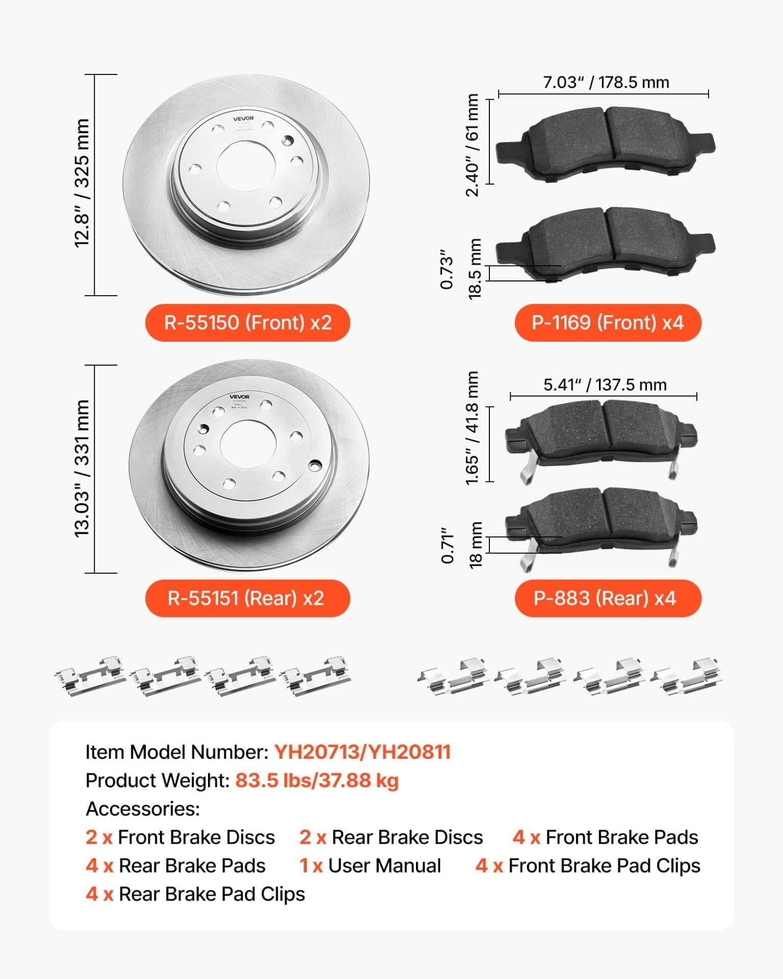 image-VEVOR Front & Rear Brake Kit Compatible with 2008-2017 Buick Enclave, 2009-2017 Chevrolet Traverse/2007-2010 Saturn Outlook, 2007-2016 GMC Acadia/2017 GMC Acadia Limited, Hollow Brake Rotors Pads Kit