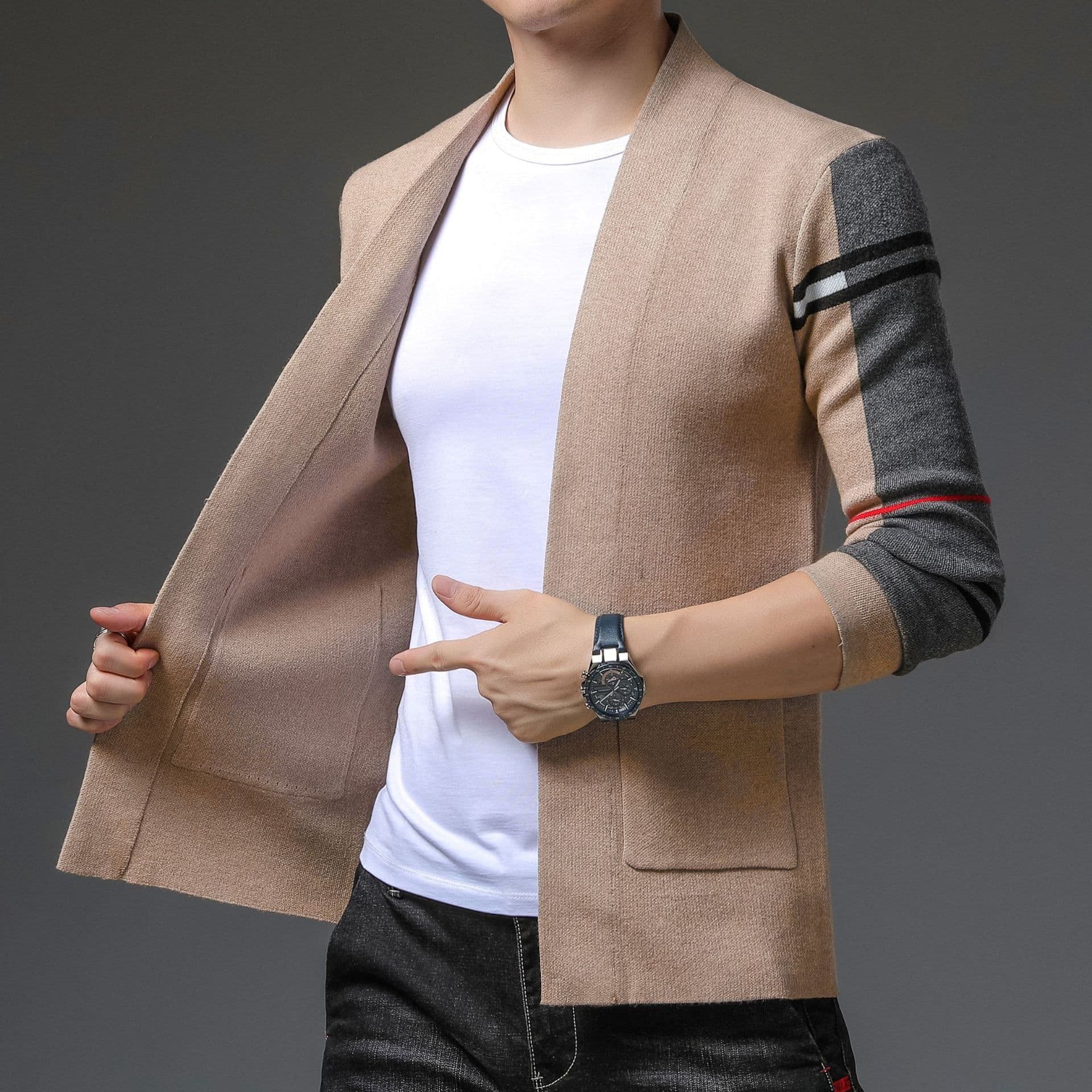 image-Shepherd Sheep Men's Slim Fit Cardigan Sweater Stand Collar Camel