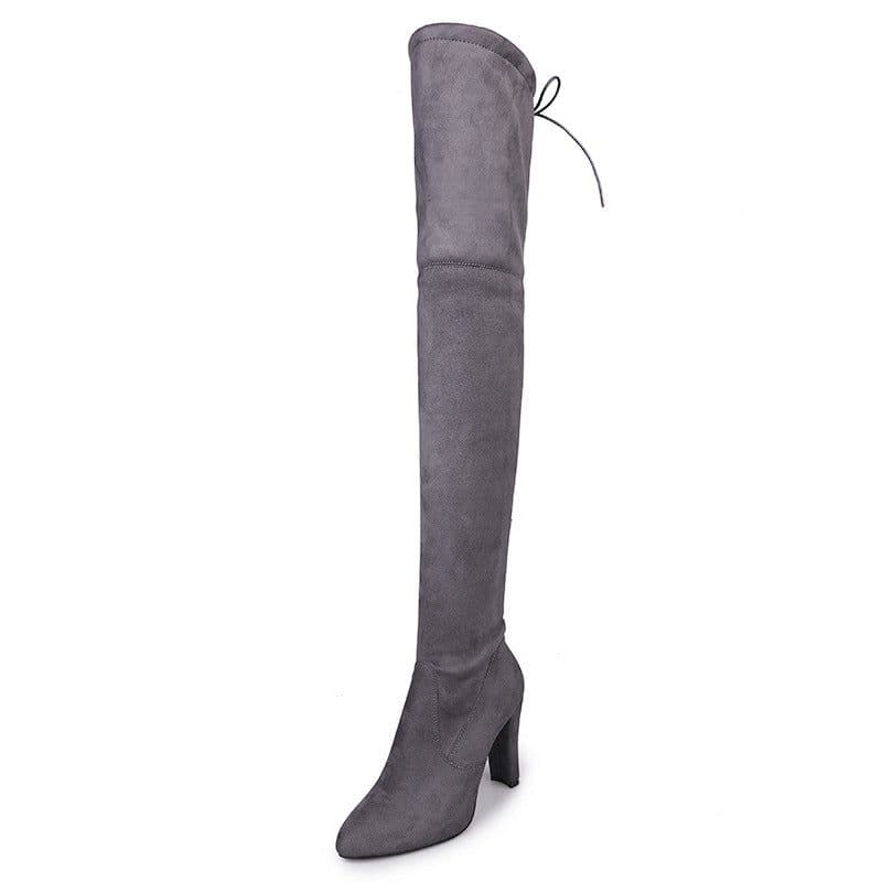 image-Women's Pointed Toe Over-the-Knee Suede Boots Thick Heel Side Zipper