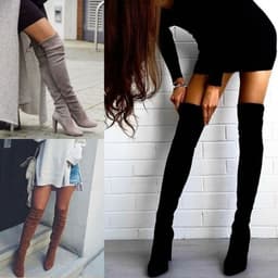 image-Women's Pointed Toe Over-the-Knee Suede Boots Thick Heel Side Zipper