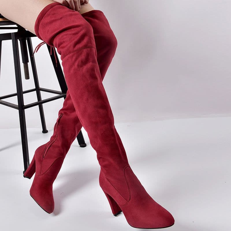 image-Women's Pointed Toe Over-the-Knee Suede Boots Thick Heel Side Zipper