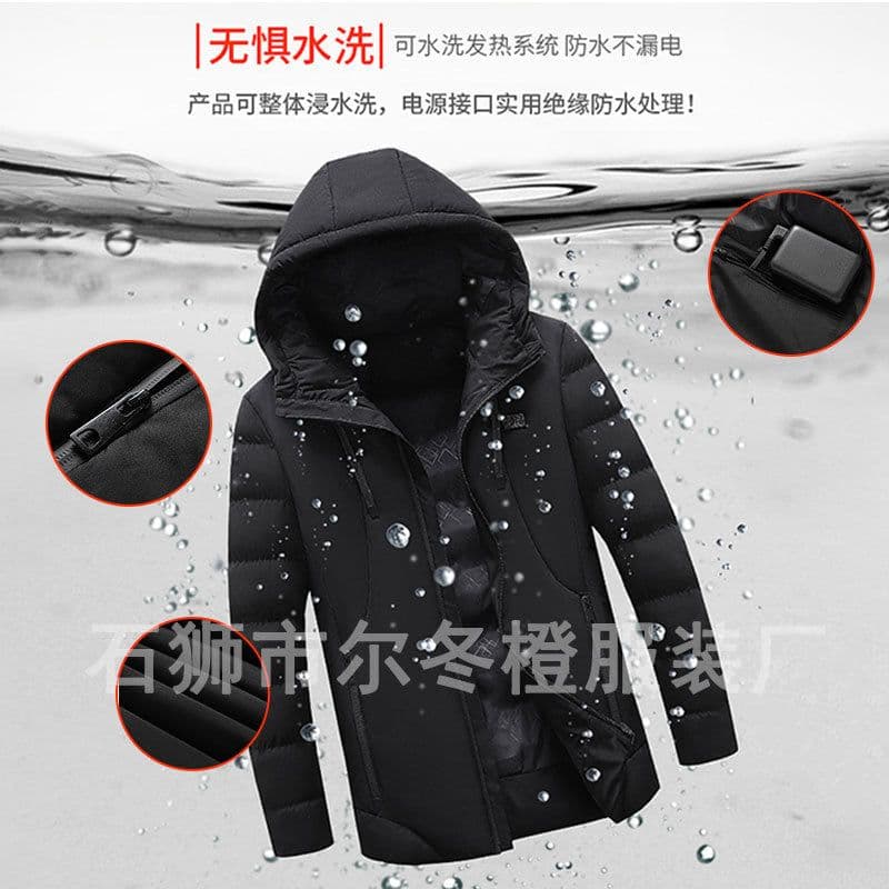 image-Men's Heated Jacket with 11 Zone Control - Hooded Winter Cotton Coat