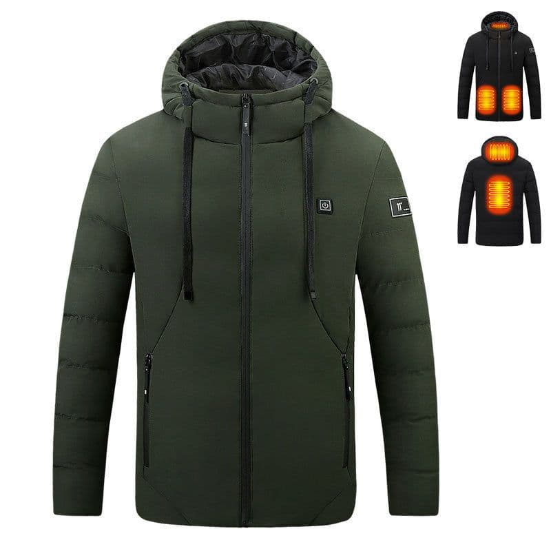image-Men's Heated Jacket with 11 Zone Control - Hooded Winter Cotton Coat