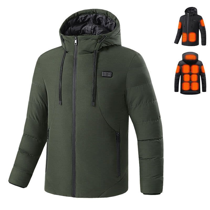 image-Men's Heated Jacket with 11 Zone Control - Hooded Winter Cotton Coat