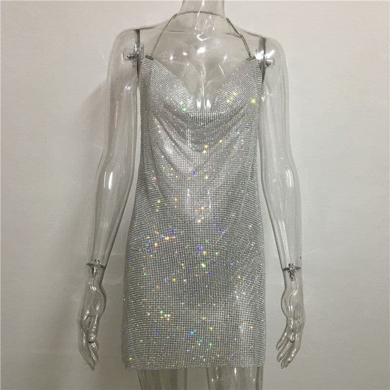 image-Rhinestone Mesh Bodycon Halter Dress Black Mid Length ZJ0156