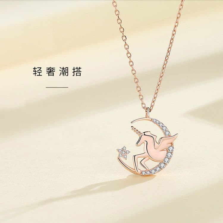 image-Unicorn Necklace Rose Gold Pendant Cross Chain Korean Style Clavicle