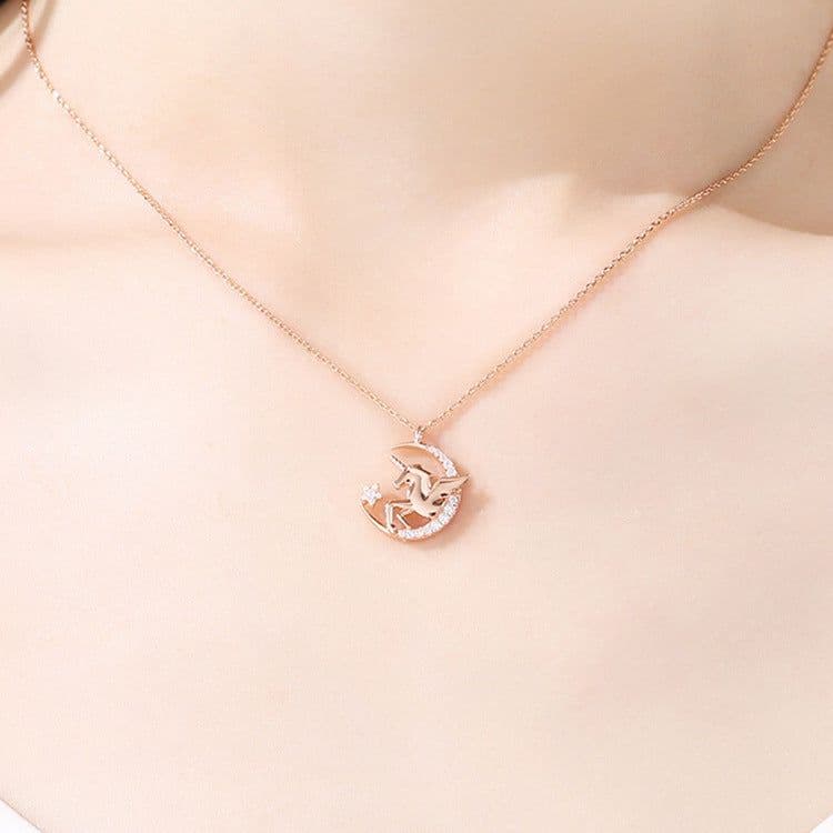 image-Unicorn Necklace Rose Gold Pendant Cross Chain Korean Style Clavicle