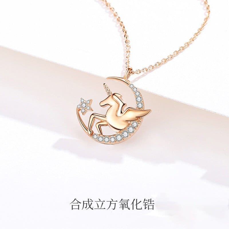 image-Unicorn Necklace Rose Gold Pendant Cross Chain Korean Style Clavicle