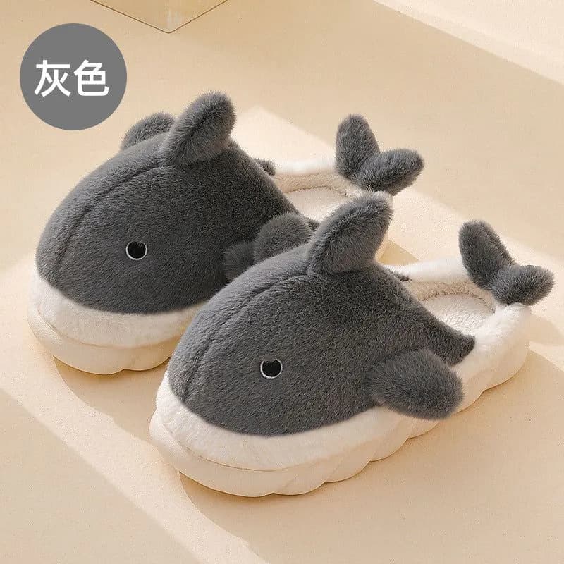image-Unisex Whale Plush Slippers Indoor Non-Slip Warm House Shoes