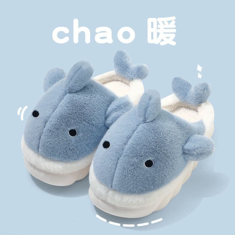 image-Unisex Whale Plush Slippers Indoor Non-Slip Warm House Shoes