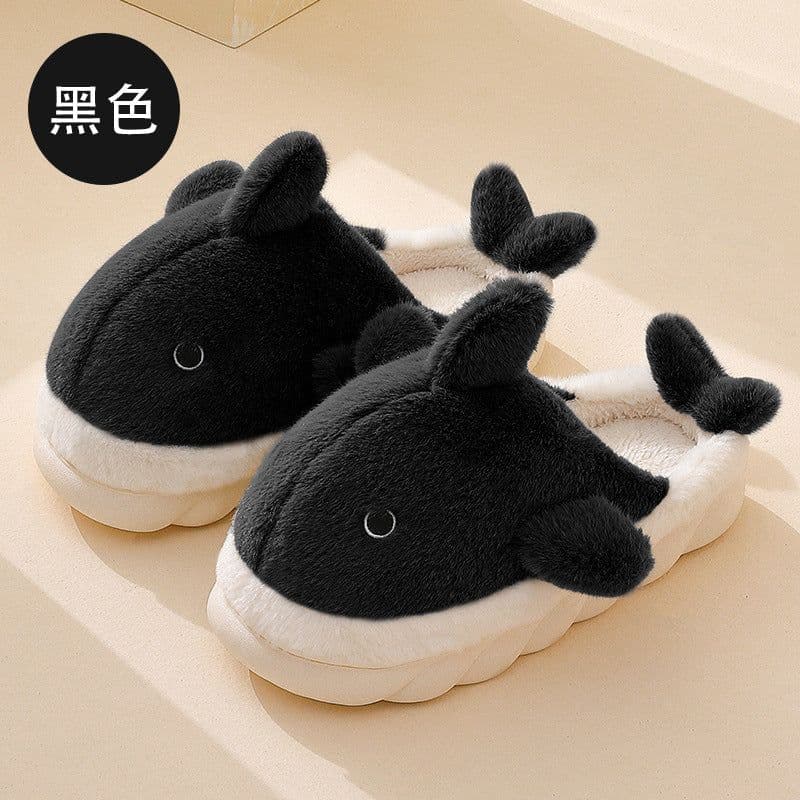 image-Unisex Whale Plush Slippers Indoor Non-Slip Warm House Shoes