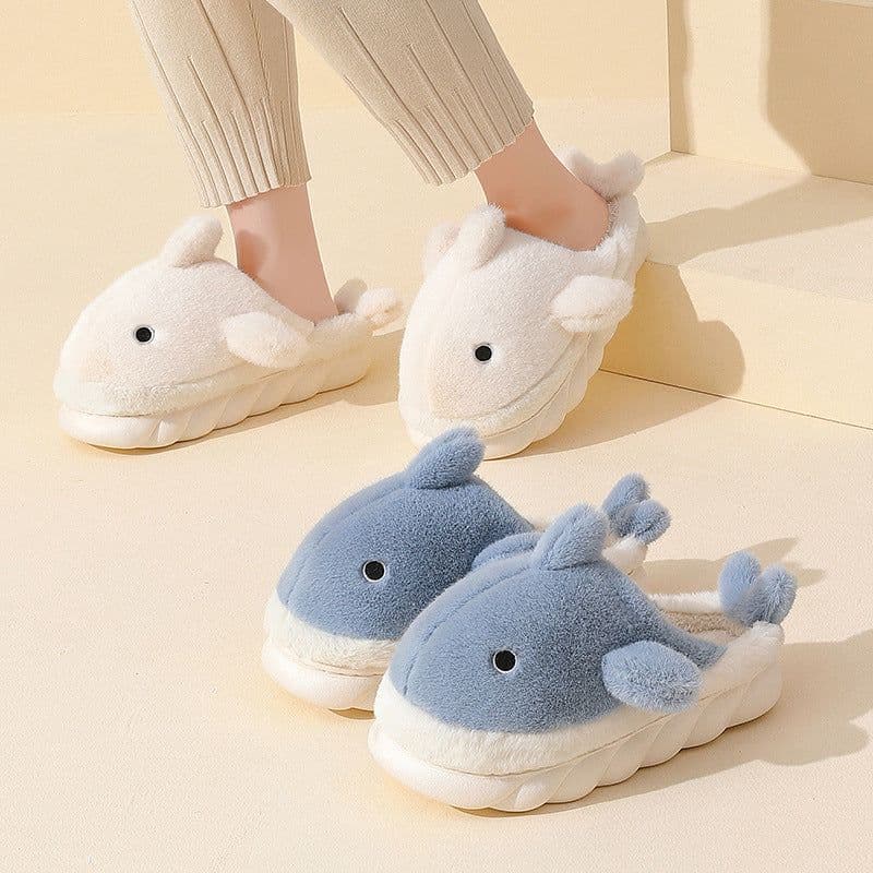 image-Unisex Whale Plush Slippers Indoor Non-Slip Warm House Shoes