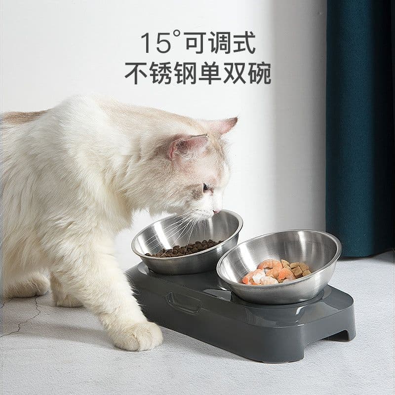 image-Adjustable Stainless Steel Tilted Cat Food Bowl Double Bowl