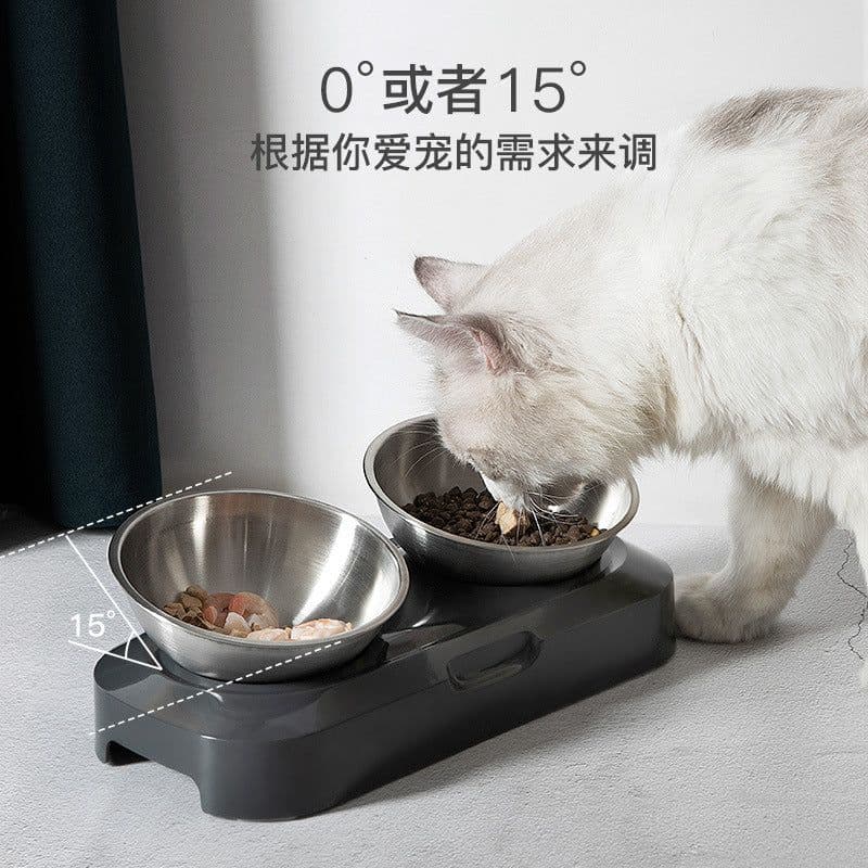 image-Adjustable Stainless Steel Tilted Cat Food Bowl Double Bowl