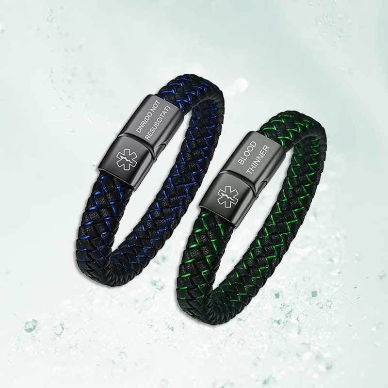 image-Stainless Steel Medical ID Bracelet Men Leather Strap Engraving