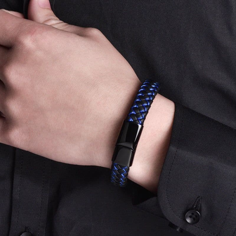 image-Stainless Steel Medical ID Bracelet Men Leather Strap Engraving