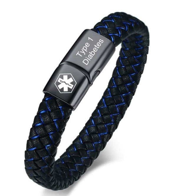 image-Stainless Steel Medical ID Bracelet Men Leather Strap Engraving