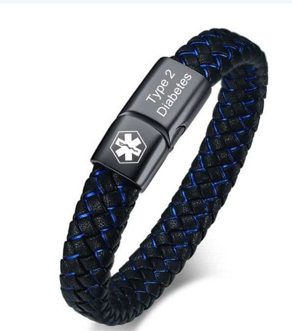 image-Stainless Steel Medical ID Bracelet Men Leather Strap Engraving
