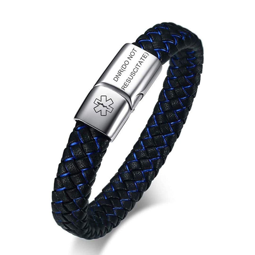 image-Stainless Steel Medical ID Bracelet Men Leather Strap Engraving
