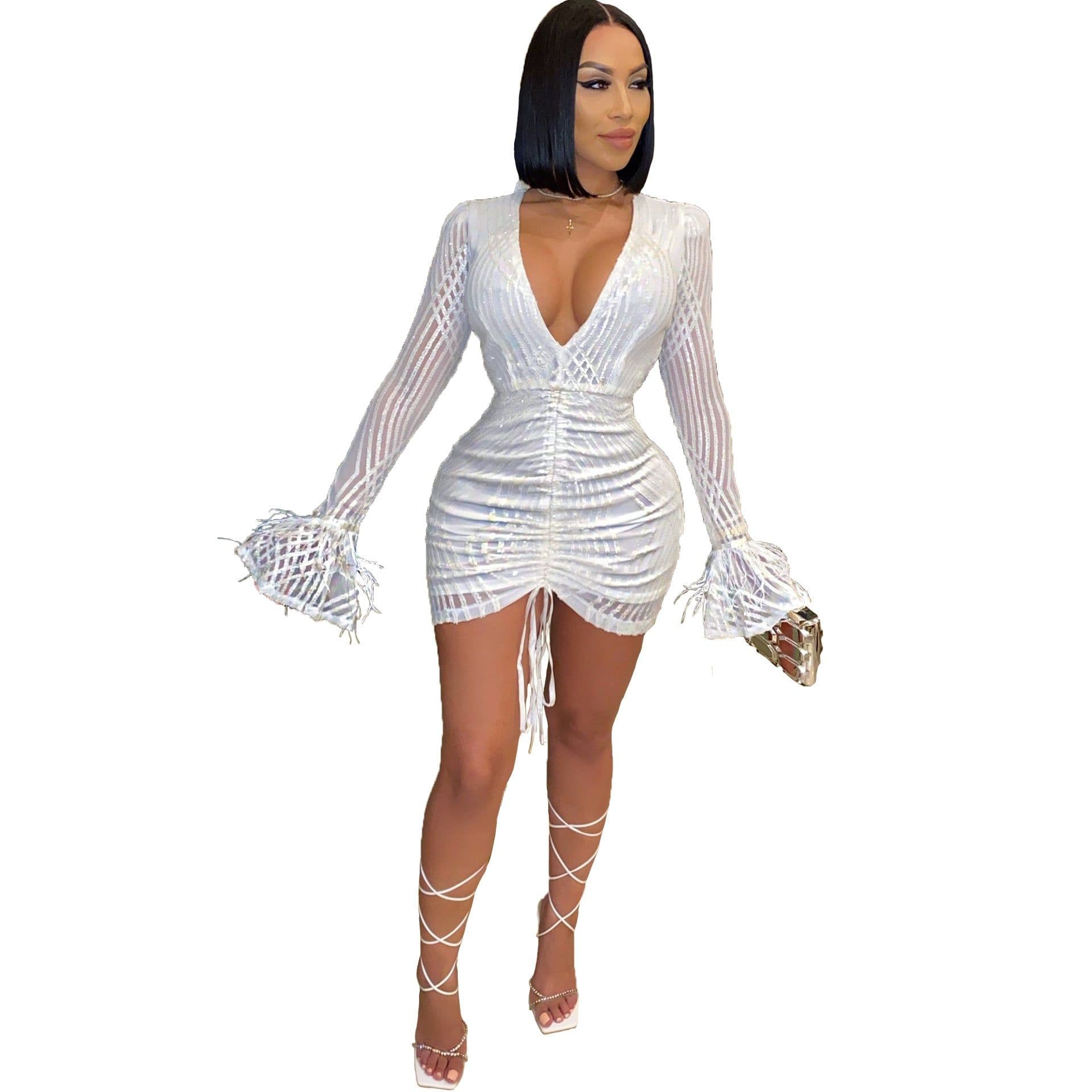 image-Pure Elegance V-Neck Sequin Lantern Sleeve A-Line Party Dress