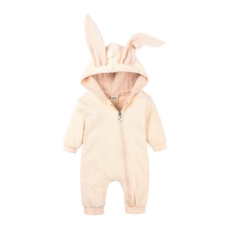 image-Baby Hooded Romper Jumpsuit with Rabbit Ears Long Sleeve Zipper Winter Unisex