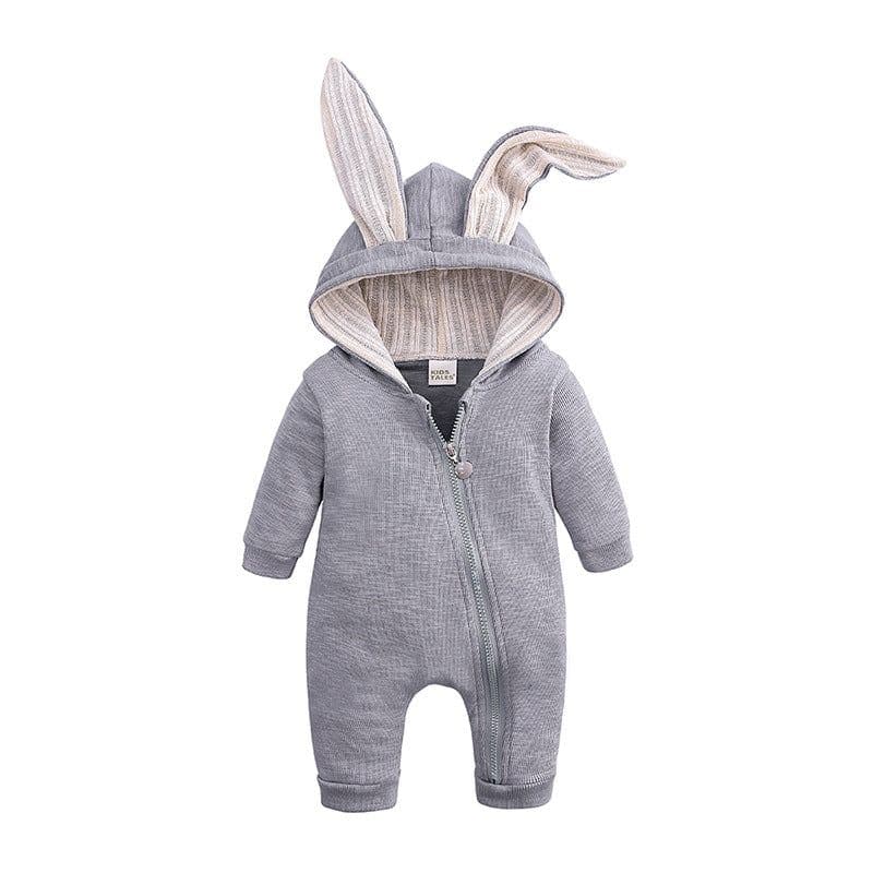 image-Baby Hooded Romper Jumpsuit with Rabbit Ears Long Sleeve Zipper Winter Unisex