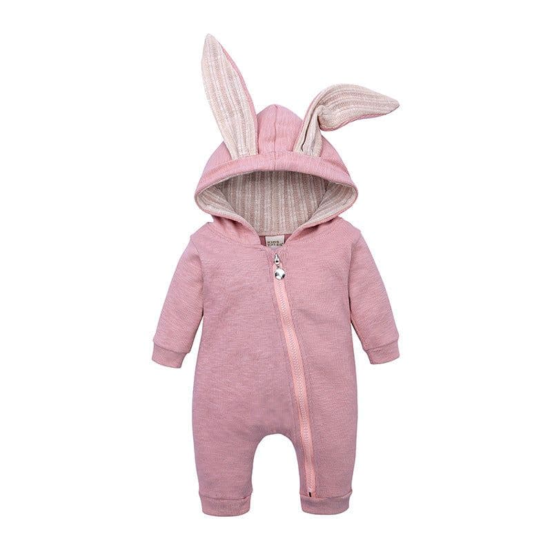 image-Baby Hooded Romper Jumpsuit with Rabbit Ears Long Sleeve Zipper Winter Unisex
