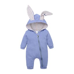 image-Baby Hooded Romper Jumpsuit with Rabbit Ears Long Sleeve Zipper Winter Unisex