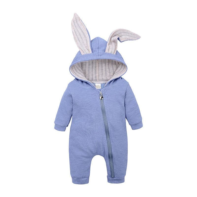 image-Baby Hooded Romper Jumpsuit with Rabbit Ears Long Sleeve Zipper Winter Unisex
